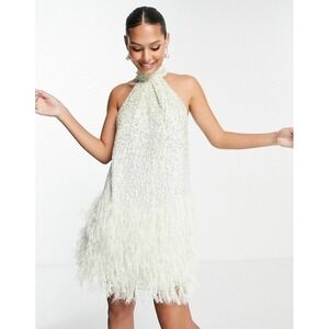NWT ASOS EDITION Sequin Halter Mini Dress Mint Faux Feather Hem Party US 2